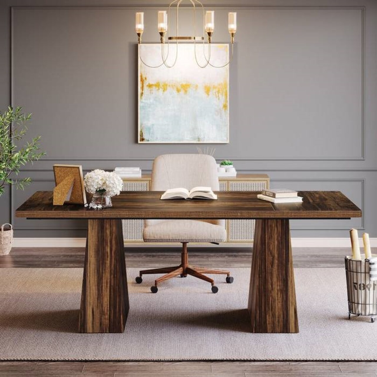 Modern Computer Desk 63" Large Home Office Desk with Dual Pedestal Base and Thick Top